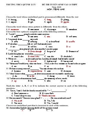 Đề thi thử tuyển sinh vào Lớp 10 THPT môn Tiếng Anh - Năm học 2022-2023 - Trường THCS Quỳnh Lưu (Có đáp án)