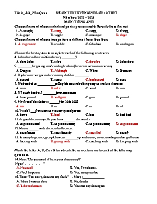 Đề thi thử tuyển sinh vào Lớp 10 THPT môn Tiếng Anh - Năm học 2022-2023 - Trường THCS Thạch Bình (Có đáp án)
