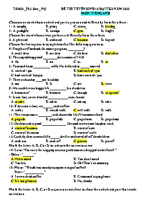 Đề thi thử tuyển sinh vào Lớp 10 THPT môn Tiếng Anh - Năm học 2022-2023 - Trường THCS Phú Sơn (Có đáp án)