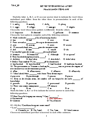 Đề thi thử tuyển sinh vào Lớp 10 THPT môn Tiếng Anh - Năm học 2022-2023 - Trường THCS Kì Phú (Có đáp án)