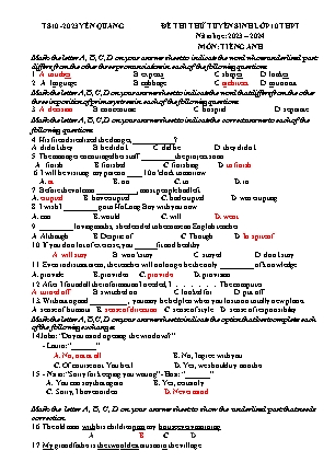 Đề thi thử tuyển sinh vào Lớp 10 THPT môn Tiếng Anh - Năm học 2022-2023 - Trường THCS Yên Quang (Có đáp án)