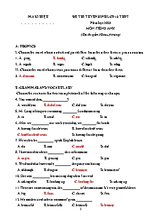 Đề thi thử tuyển sinh vào Lớp 10 THPT môn Tiếng Anh - Năm học 2022-2023 - Trường THCS Gia Thủy (Có đáp án)