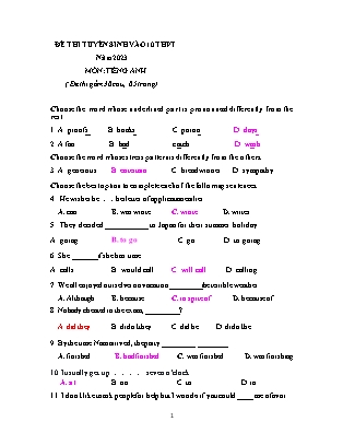 Đề thi tuyển sinh vào Lớp 10 THPT môn Tiếng Anh - Năm học 2022-2023 - Trường THCS Văn Phong (Có đáp án)