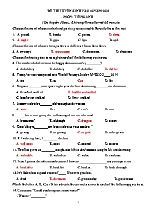 Đề thi tuyển sinh vào Lớp 10 THPT môn Tiếng Anh - Năm học 2022-2023 - Trường THCS Gia Lâm (Có đáp án)