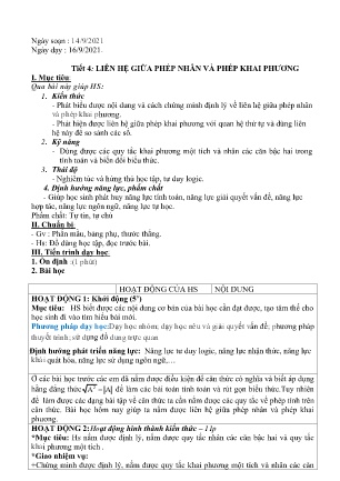 Kế hoạch bài dạy Đại số Lớp 9 - Tiết 4: Liên hệ giữa phép nhân và phép khai phương - Năm học 2021-2022 - Trường THCS Lương Thế Vinh