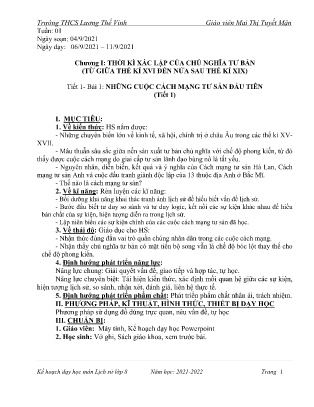 Kế hoạch bài dạy Lịch sử Lớp 8 - Tiết 1, Bài 1: Những cuộc cách mạng tư sản đầu tiên - Năm học 2021-2022 - Trường THCS Lương Thế Vinh