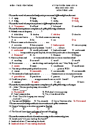Kỳ thi tuyển sinh vào Lớp 10 THPT môn Tiếng Anh - Năm học 2022-2023 - Trường THCS Yên Thắng (Có đáp án)