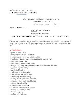 Nội dung chương trình Tiếng Anh Lớp 7 - Unit 1: My hobbies - Lesson 1 - Năm học 2021-2022 - Trường THCS Hùng Vương