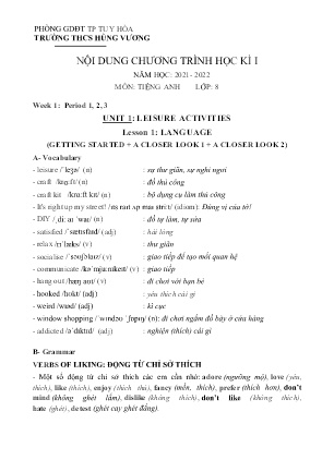 Nội dung chương trình Tiếng Anh Lớp 8 - Unit 1: Leisure activities - Lesson 1 - Năm học 2021-2022 - Trường THCS Hùng Vương