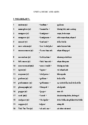 Ôn tập Tiếng Anh Lớp 7 (Lần 5) - Unit 4: Music and arts