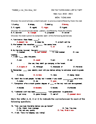 Ôn thi tuyển sinh vào Lớp 10 môn Tiếng Anh - Năm học 2022-2023 - Trường THCS Yên Hòa (Có đáp án)