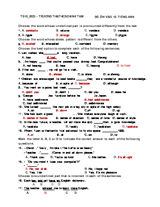 Ôn thi tuyển sinh vào Lớp 10 THPT môn Tiếng Anh - Năm học 2022-2023 - Trường THCS Chính Tâm (Có đáp án)