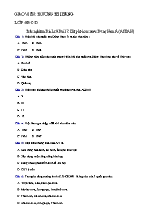 Trắc nghiệm Địa lí Lớp 8 - Bài 17: Hiệp hội các nước Đông Nam Á