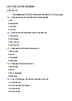 Trắc nghiệm Địa lí Lớp 8 - Bài 18: Thực hành tìm hiểu Lào và Cam-pu-chia
