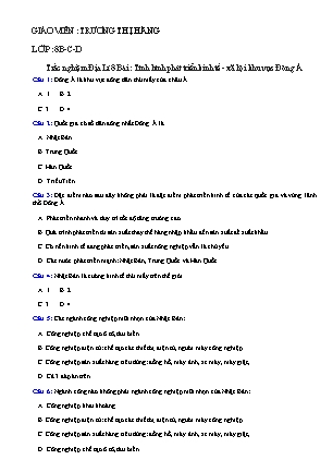 Trắc nghiệm Địa lí Lớp 8 - Bài: Tình hình phát triển kinh tế, xã hội khu vực Đông Á