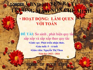 Bài giảng Mầm non Lớp Lá - Đề tài: So sánh , phát hiện quy tắc sắp xếp và sắp xếp theo quy tắc (GV: Nguyễn Thị Thoa - Trường MN Chu Minh - Năm học 2023-2024)
