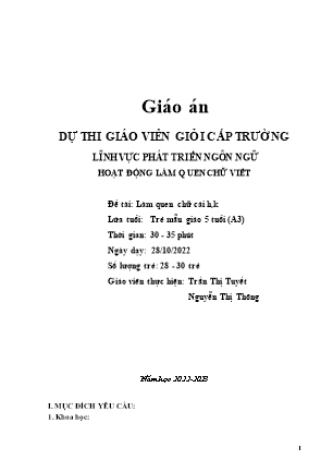 Kế hoạch bài dạy Mầm non Lớp Lá - Hoạt động Làm quen chữ viết - Đề tài: Làm quen chữ cái h,k (GV: Trần Thị Tuyết, Nguyễn Thị Thông - Trường MN Chu Minh - Năm học 2022-2023)