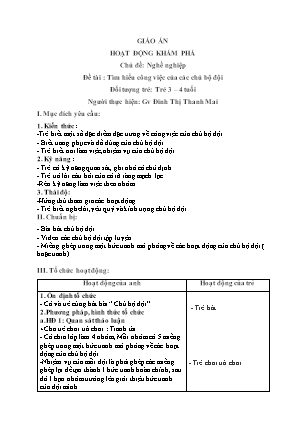 Kế hoạch bài dạy Mầm non Lớp Mầm - Hoạt động khám phá - Đề tài: Tìm hiểu công việc của các chú bộ đội (GV: Đinh Thị Thanh Mai)